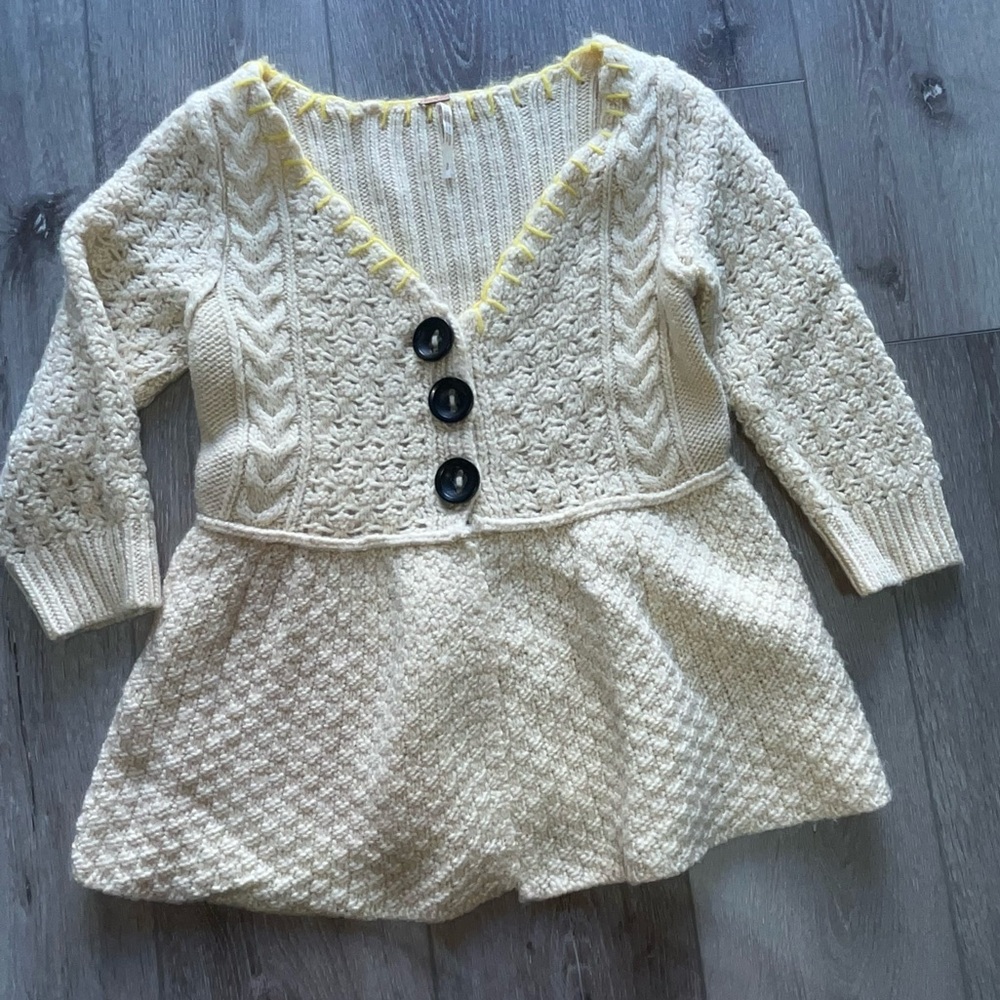 Free People Babydoll Wool Crochet Knit Peplum Sweater Small Yellow Cream